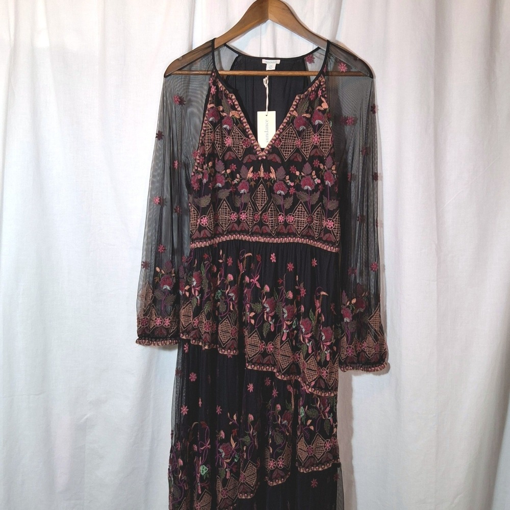 Sundance Soiree in Vienna Maxi Dress Women PM Black NWT Floral Embroidered‎ Mesh